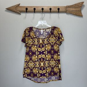 Lularoe | Purple Yellow Short Sleeve Simply Comfortable Graphic Print Top Sz XS